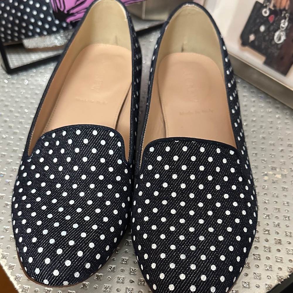 J Crew Blue and White Polka Dot Denim Flats with Silver Glitter  Heel EUC
